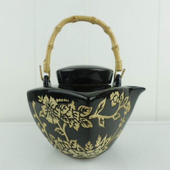 Asian Black and Beige 5pc Ceramic Tea Set Floral Design Bamboo Handle - Picture 5 of 14